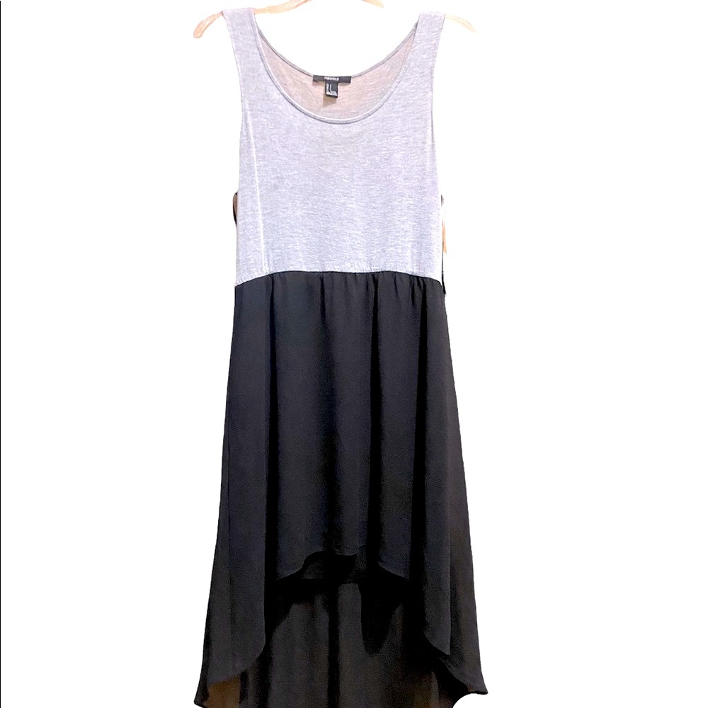 FOREVER21 GREY & BLACK HI/LOW DRESS~SHEER SKIRT W/SHORT SLIP~LG.